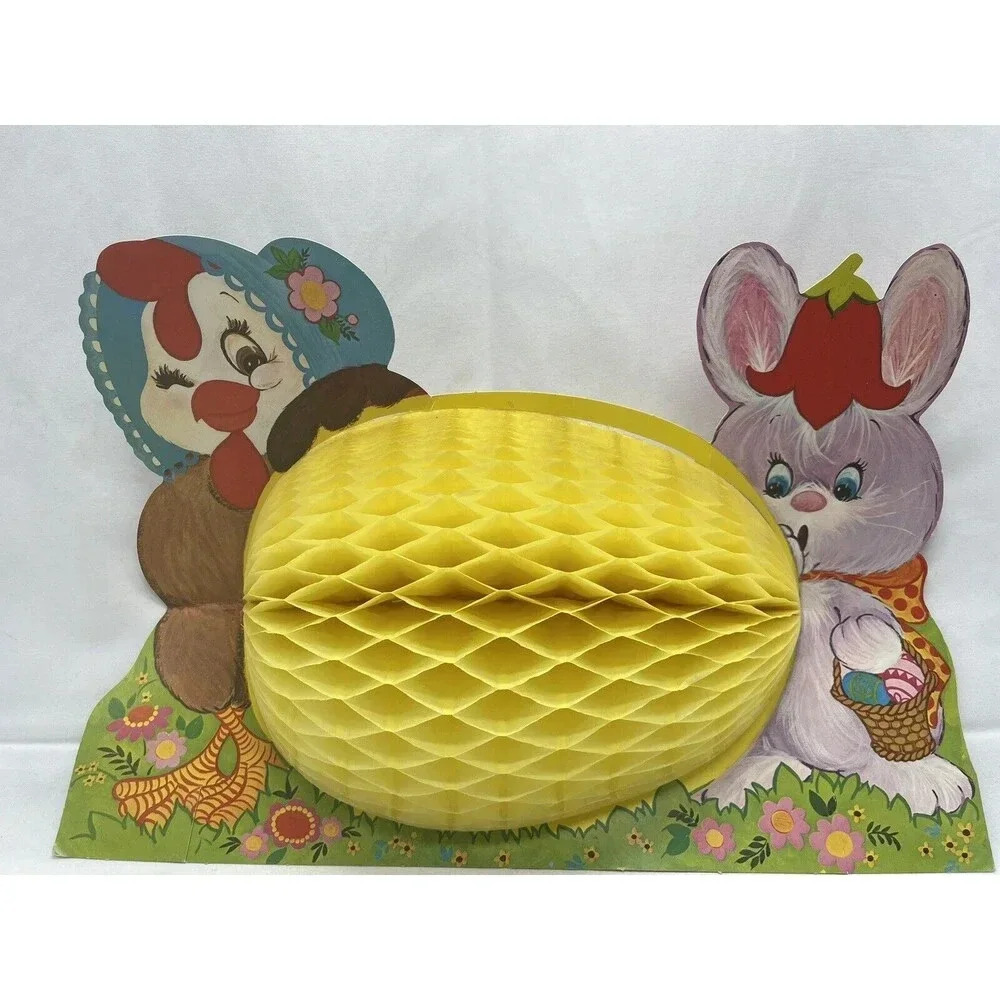 Vintage 1970s Peck Easter Diecut Hen and Bunny Honeycomb Egg Decoration